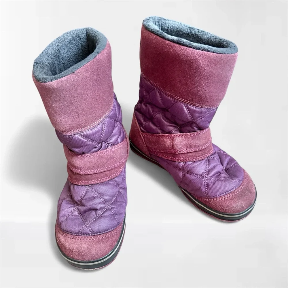 SOREL Glacy Puffy Faux Fur Waterproof Boots Sz 8.5 Plum Suede Harness